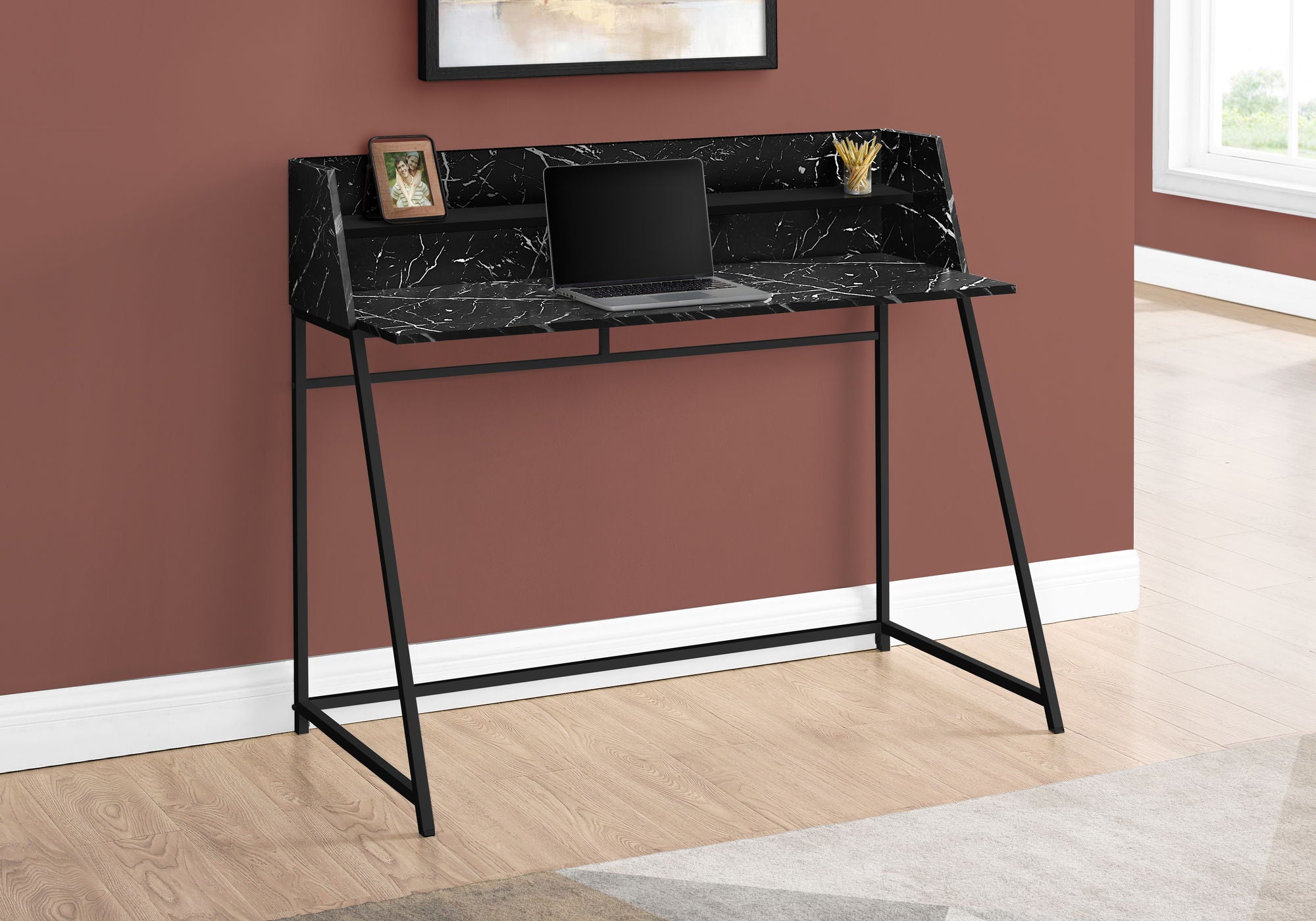 Computer Desk For Home Office, Laptop, Storage Shelves, Marble Look Contemporary &amp; Modern