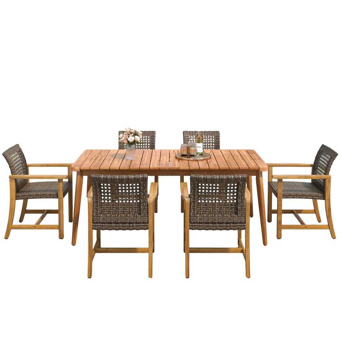 7 Piece Patio Dining Set, Slatted Table &amp; 6 Chairs For Patio Garden - Mocha / Teak