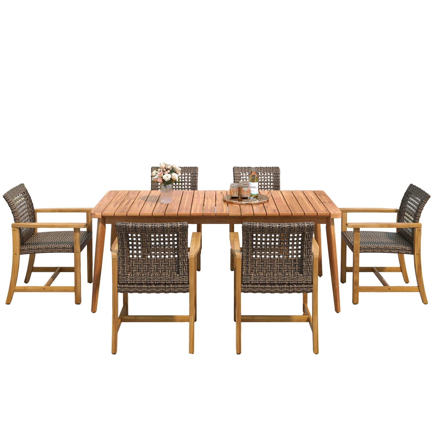 7 Piece Patio Dining Set, Slatted Table &amp; 6 Chairs For Patio Garden - Mocha / Teak