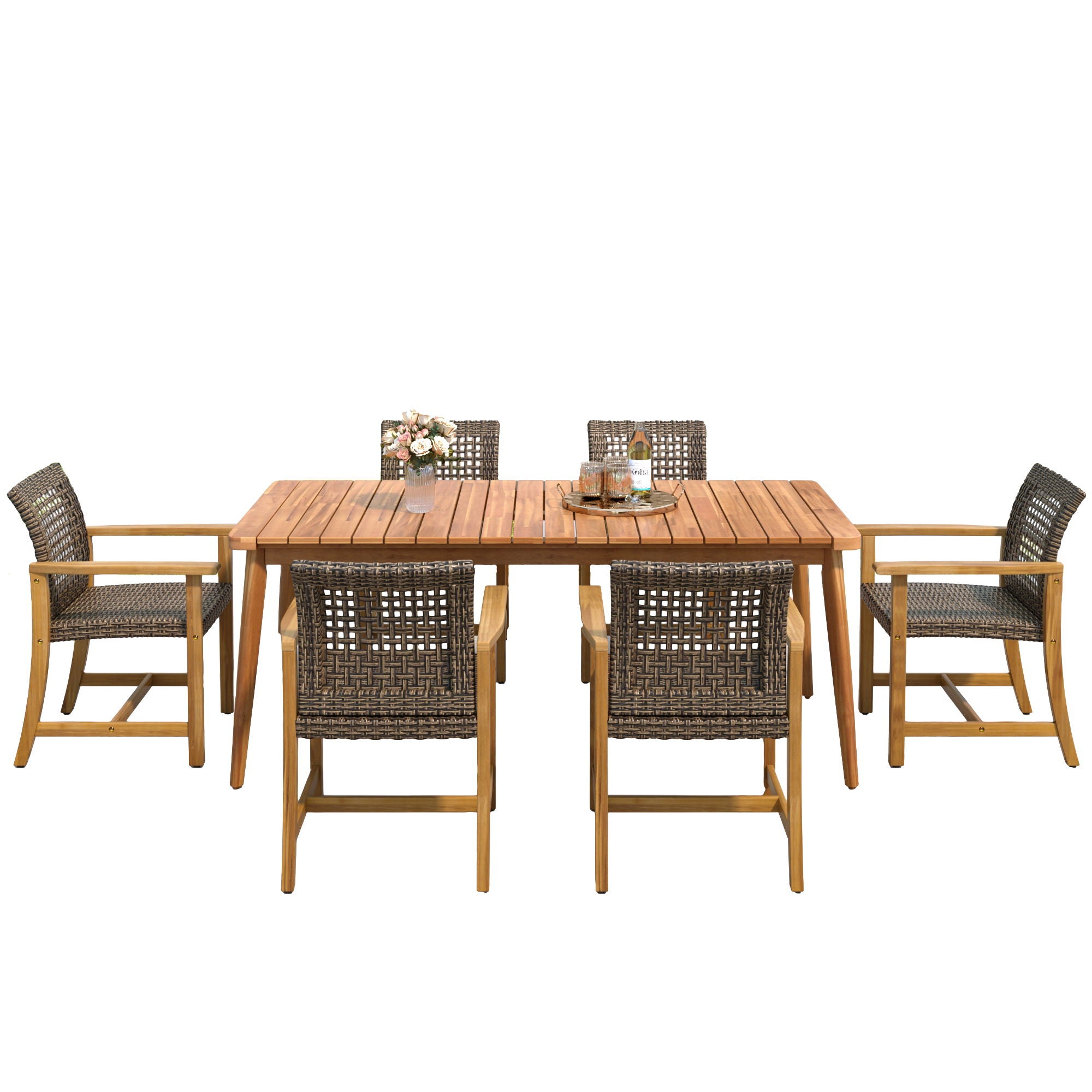 7 Piece Patio Dining Set, Slatted Table &amp; 6 Chairs For Patio Garden - Mocha / Teak