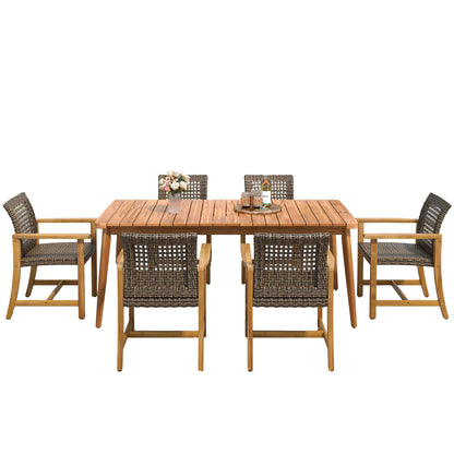 7 Piece Patio Dining Set, Slatted Table &amp; 6 Chairs For Patio Garden - Mocha / Teak