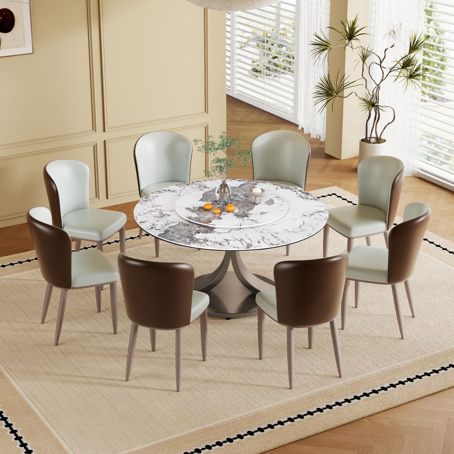 Modern Round Dining Table With 360° Rotating Lazy Susan Scratch &amp; Chairs