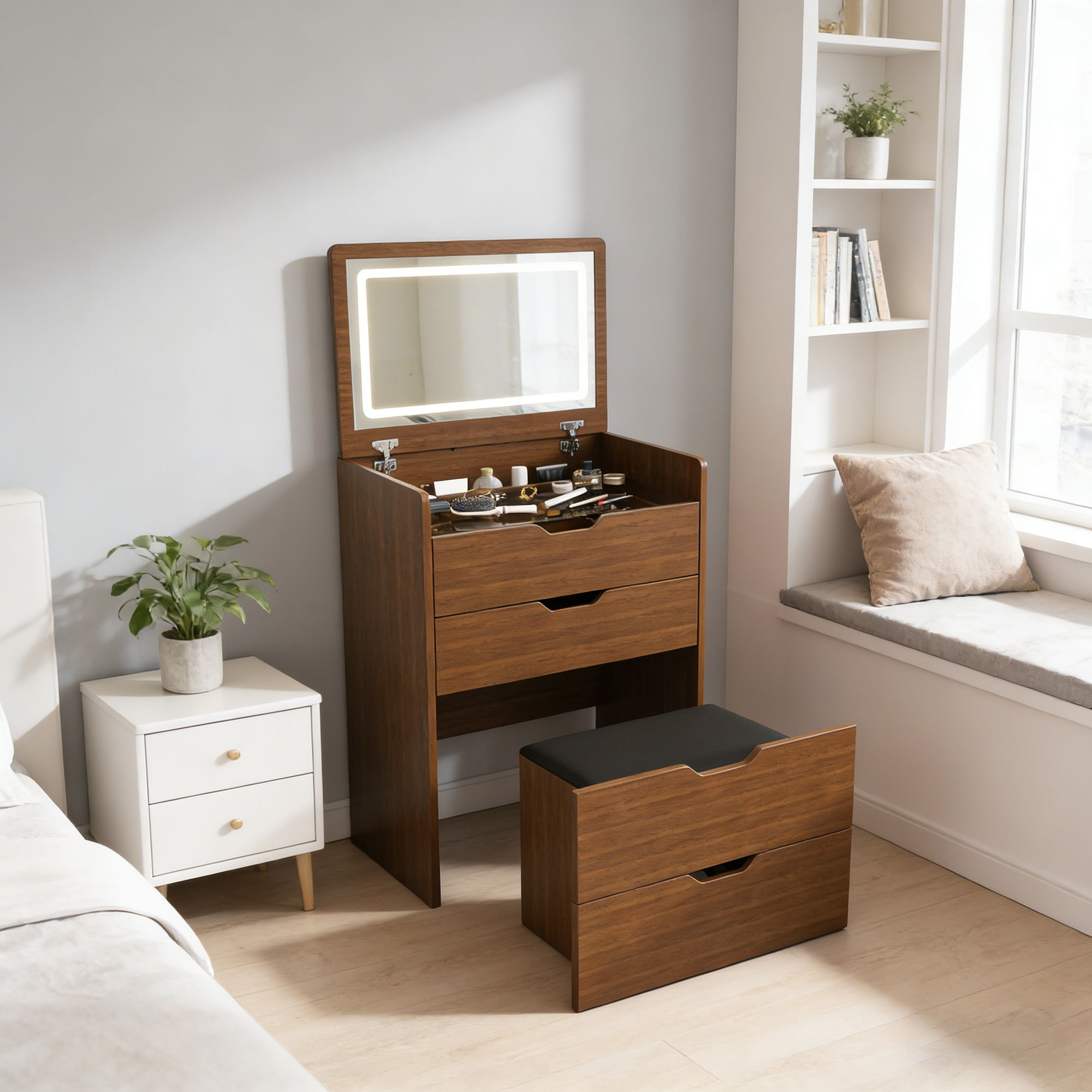 Vanity Desk With Lighted Mirror &amp; Stool