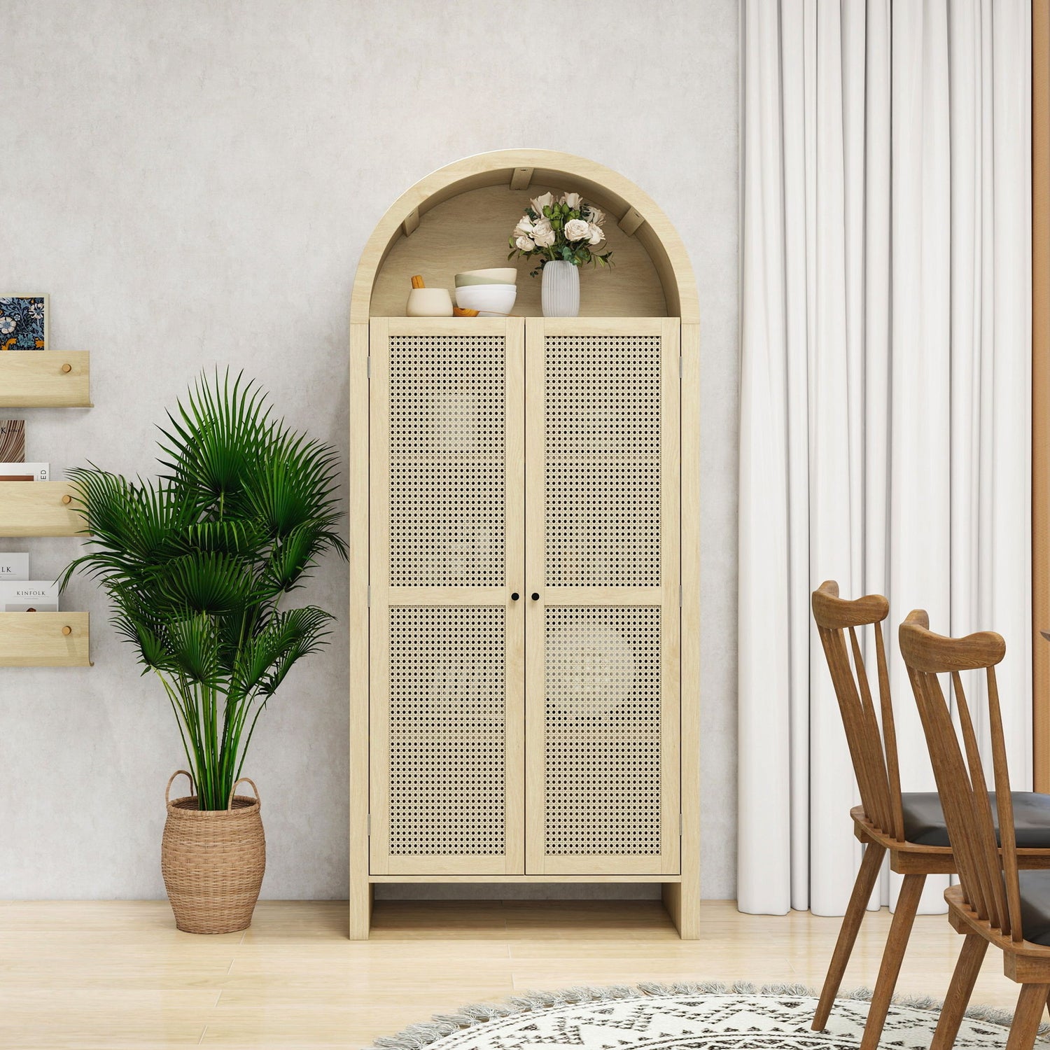 Tall Arched Kitchen Pantry, Arched Storage Display Cabinet With 2 Drawers &amp; Adjustable Shelves, Rattan Door Versatile Storage Cabinet For Kitchen, Dining Room - Natural