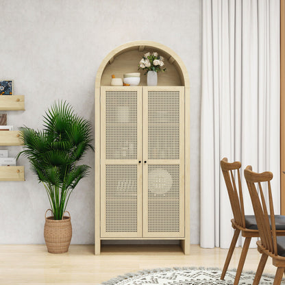 Tall Arched Kitchen Pantry, Arched Storage Display Cabinet With 2 Drawers &amp; Adjustable Shelves, Rattan Door Versatile Storage Cabinet For Kitchen, Dining Room - Natural
