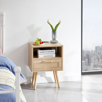 15.75&quot; Rattan End Table With Power Outlet &amp; USB Ports, Modern Nightstand With Drawer And Solid Wood Legs, Side Table For Living Room, Bedroom