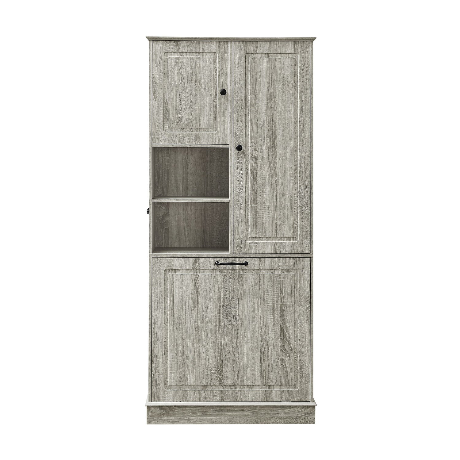 Modern Tall Storage Cabinet With Adjustable Shelves, Flip-Out Basket &amp; Enclosed Doors