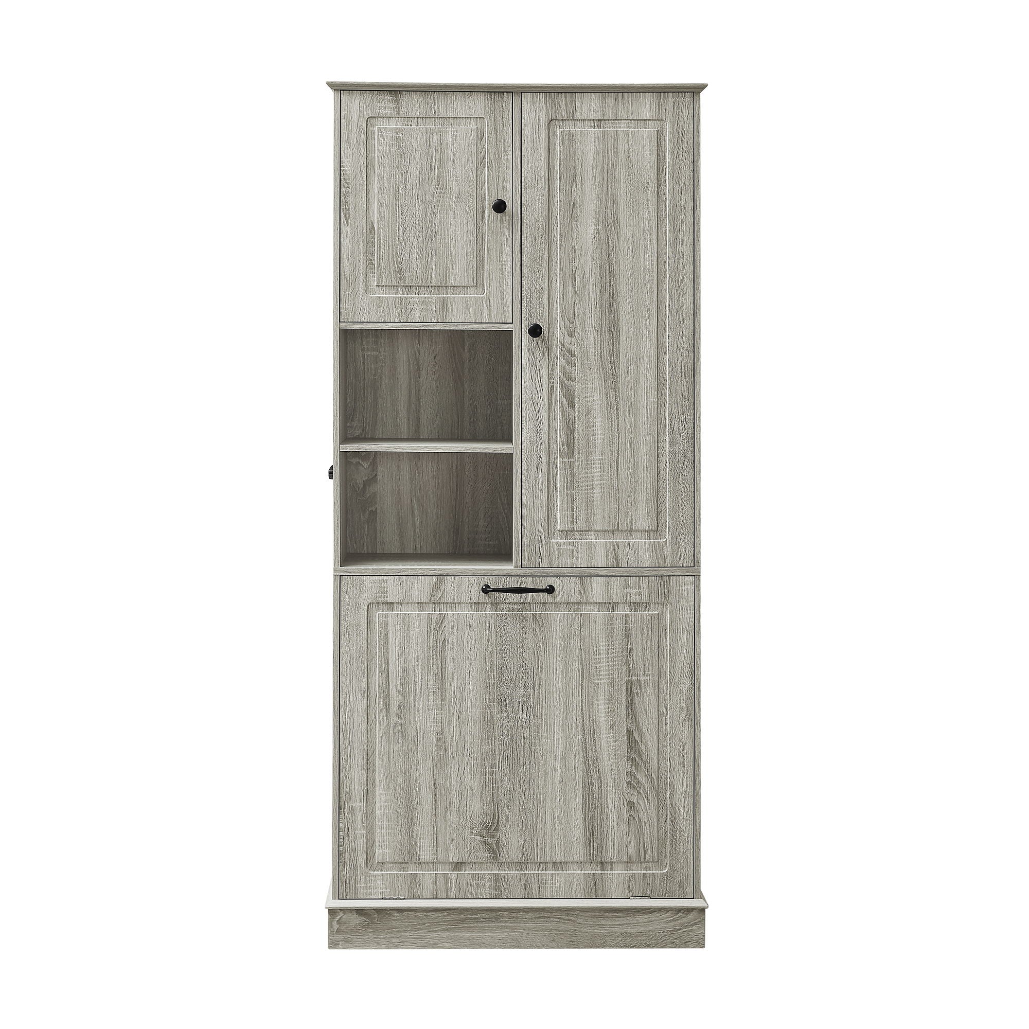 Modern Tall Storage Cabinet With Adjustable Shelves, Flip-Out Basket &amp; Enclosed Doors