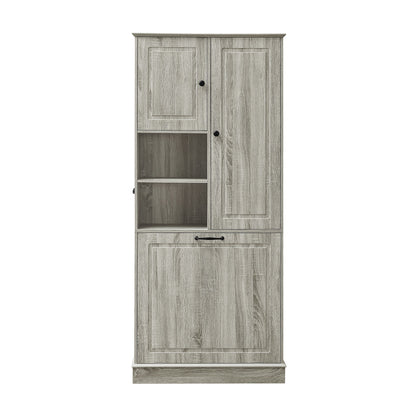 Modern Tall Storage Cabinet With Adjustable Shelves, Flip-Out Basket &amp; Enclosed Doors