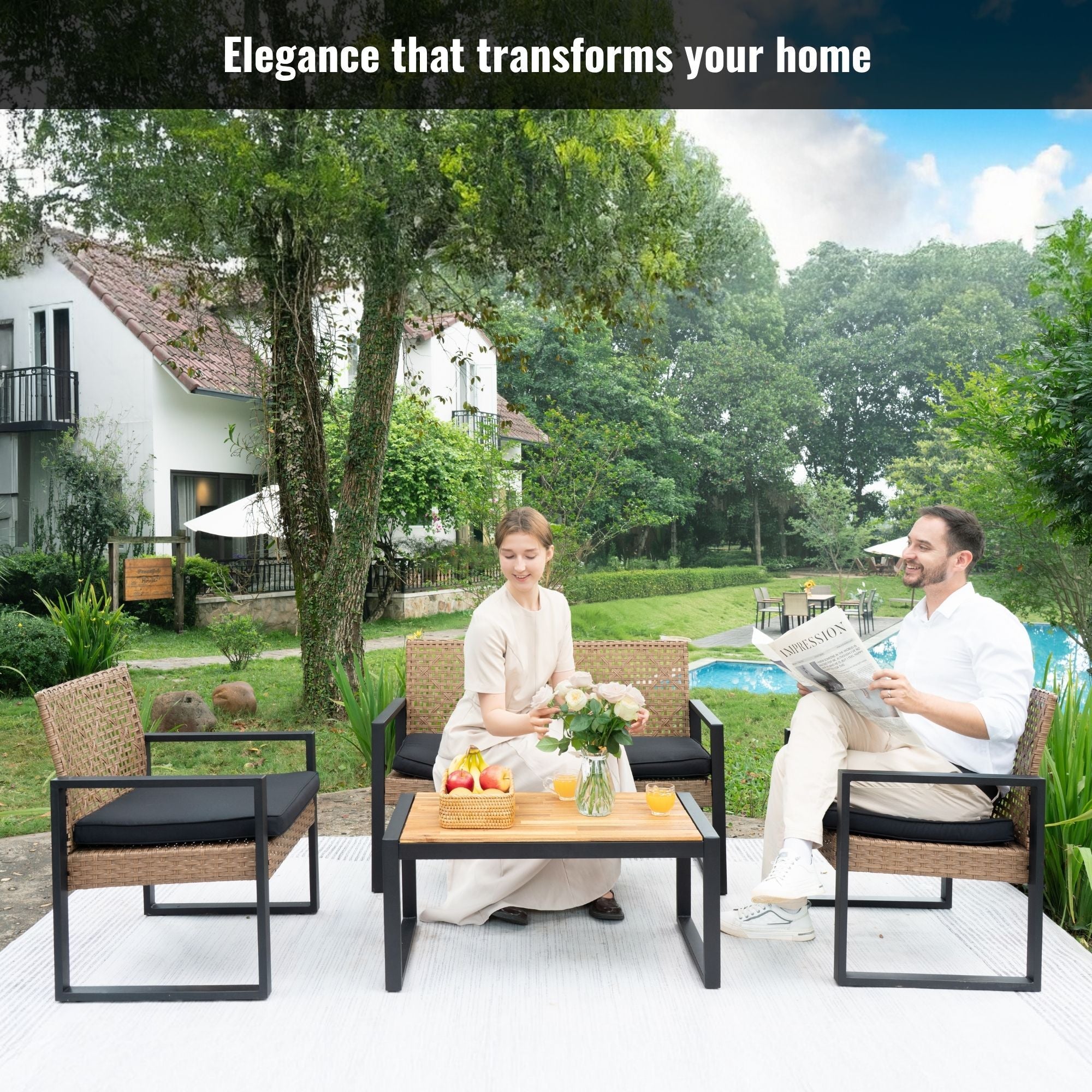 4 Piece Patio Furniture Set With Acacia Wood Table Top And Cushions