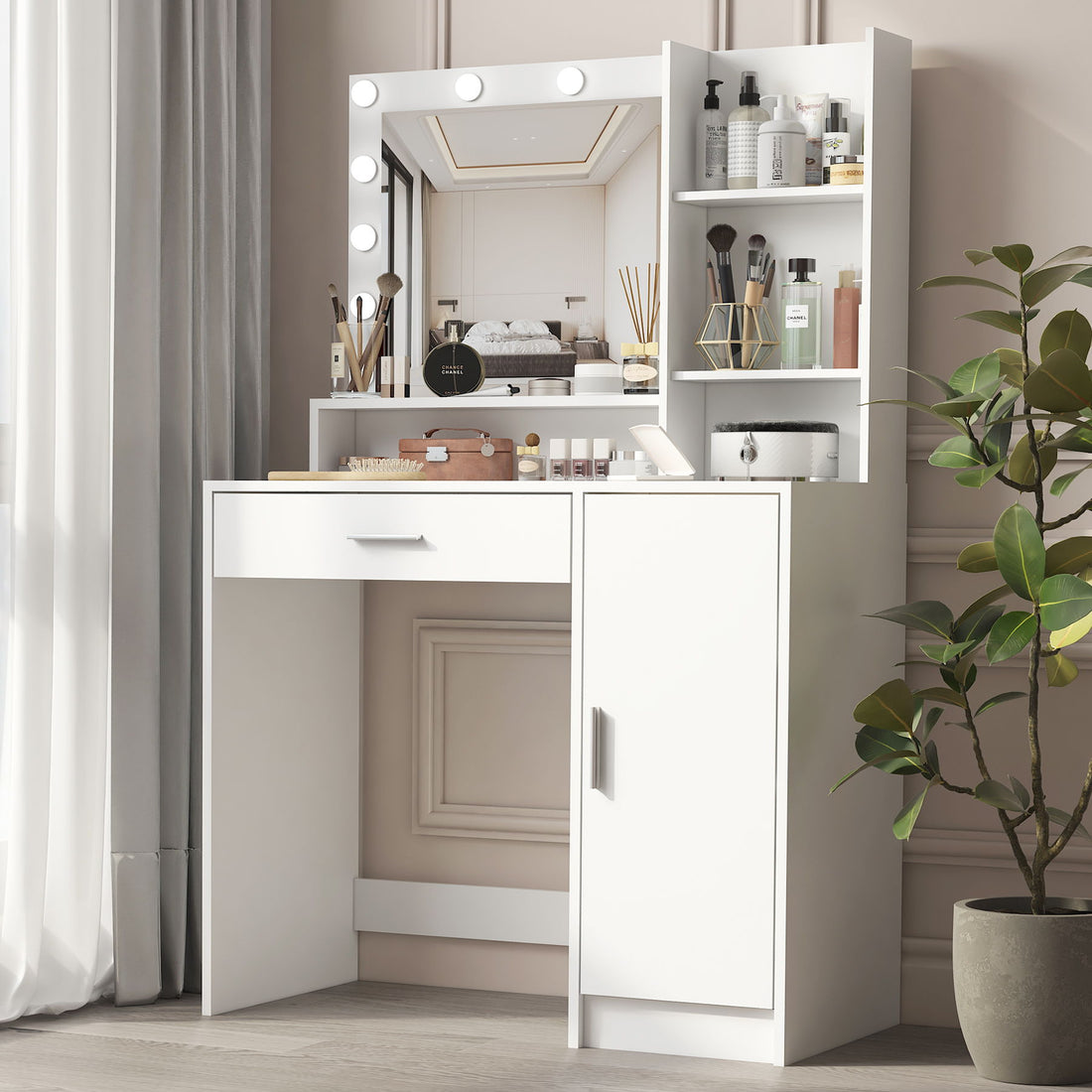 Vanity Desk With Mirror &amp; Light, Large Drawer Three Level Storage Dresser, 3 Lighting Modes Adjustable Brightness, Bedroom Dressing Table