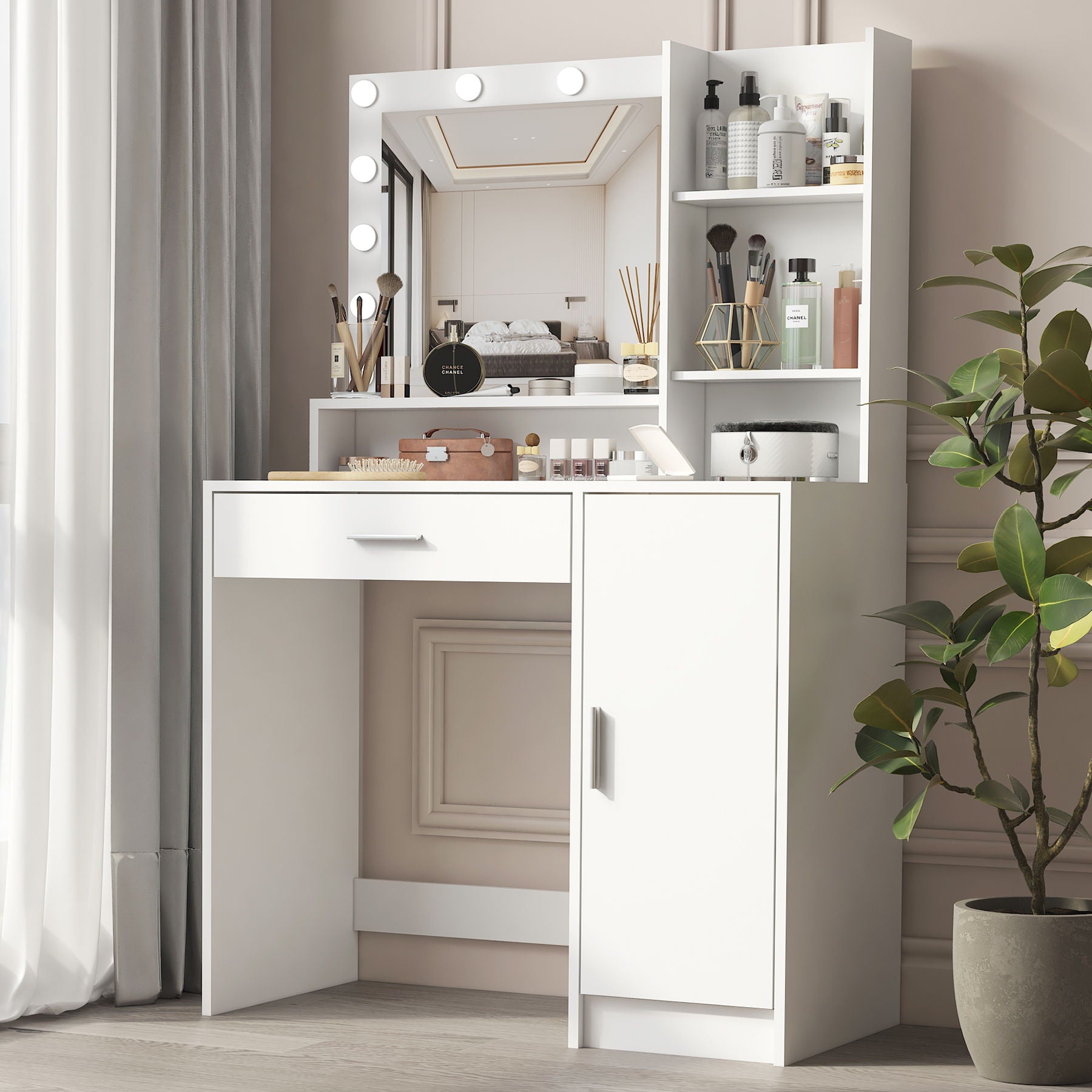 Vanity Desk With Mirror &amp; Light, Large Drawer Three Level Storage Dresser, 3 Lighting Modes Adjustable Brightness, Bedroom Dressing Table
