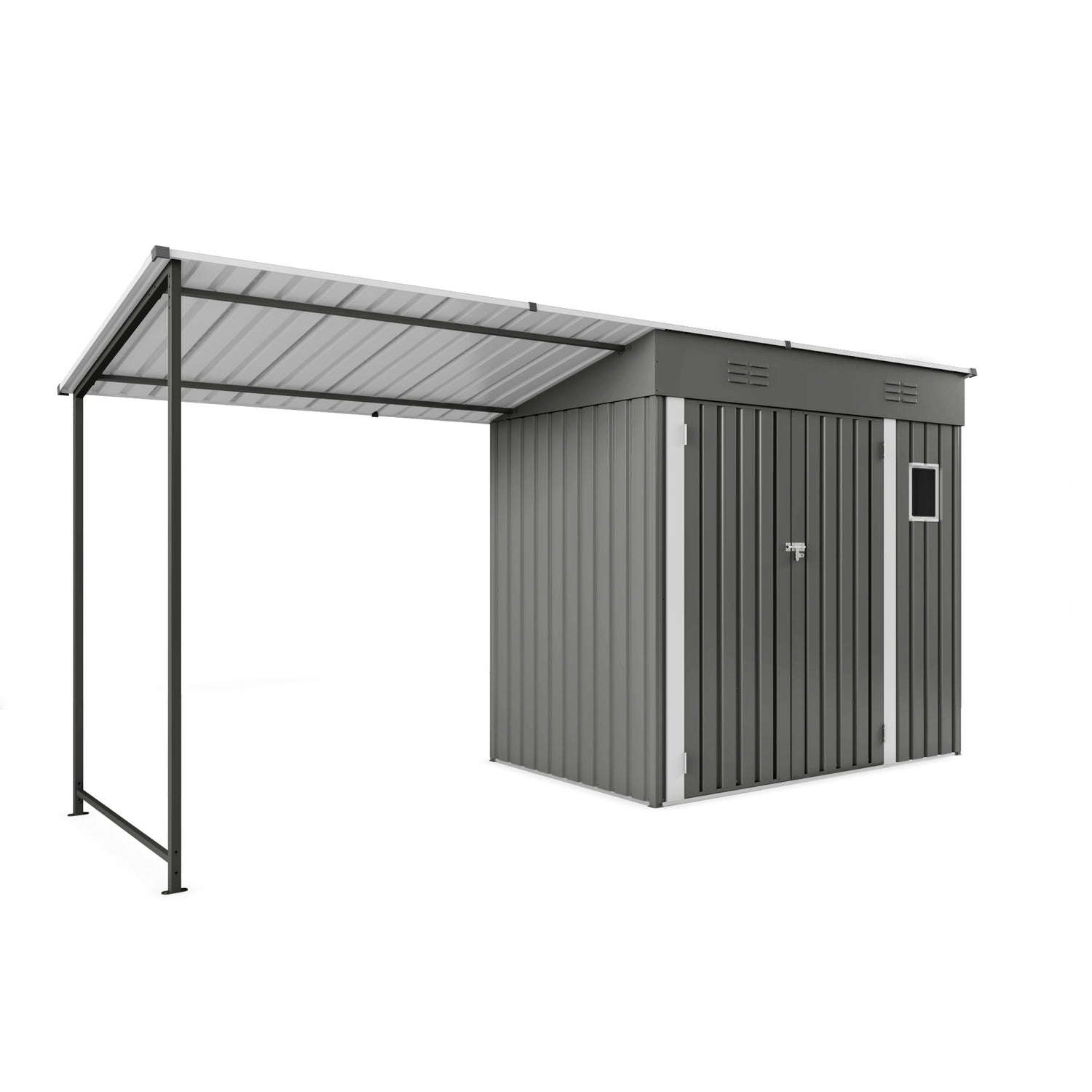 Lean To Shed With Open Sided Pergola, Outdoor Storage Shed &amp; Attached Hardtop Gazebo Combo - Gray