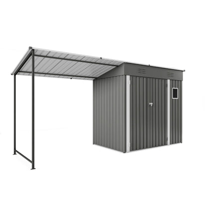 Lean To Shed With Open Sided Pergola, Outdoor Storage Shed &amp; Attached Hardtop Gazebo Combo - Gray