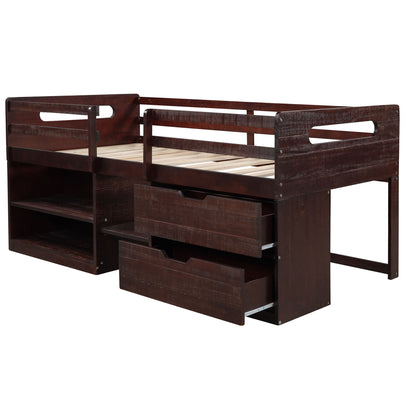 Twin Size Loft Bed With Two Shelves And Two Drawers - Antique Espresso