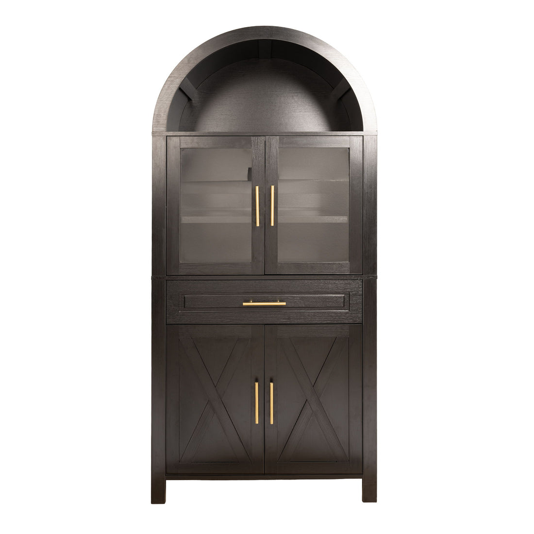 Arched Kitchen Pantry Cabinet With Adjustable Shelves And Barn Door Design
