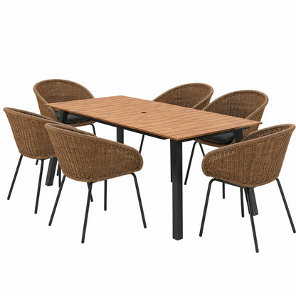 7 Piece Outdoor Patio Dining Set For 6, Conversation Set With Table &amp; 6 Armchairs - Purple Pink Flower / Yellow