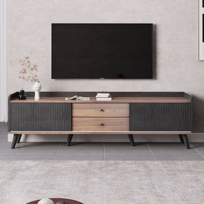 Mid Century TV Stand With 2 Cabinets &amp; Open Compartments, Entertainment Center For Tvs Up To 70&