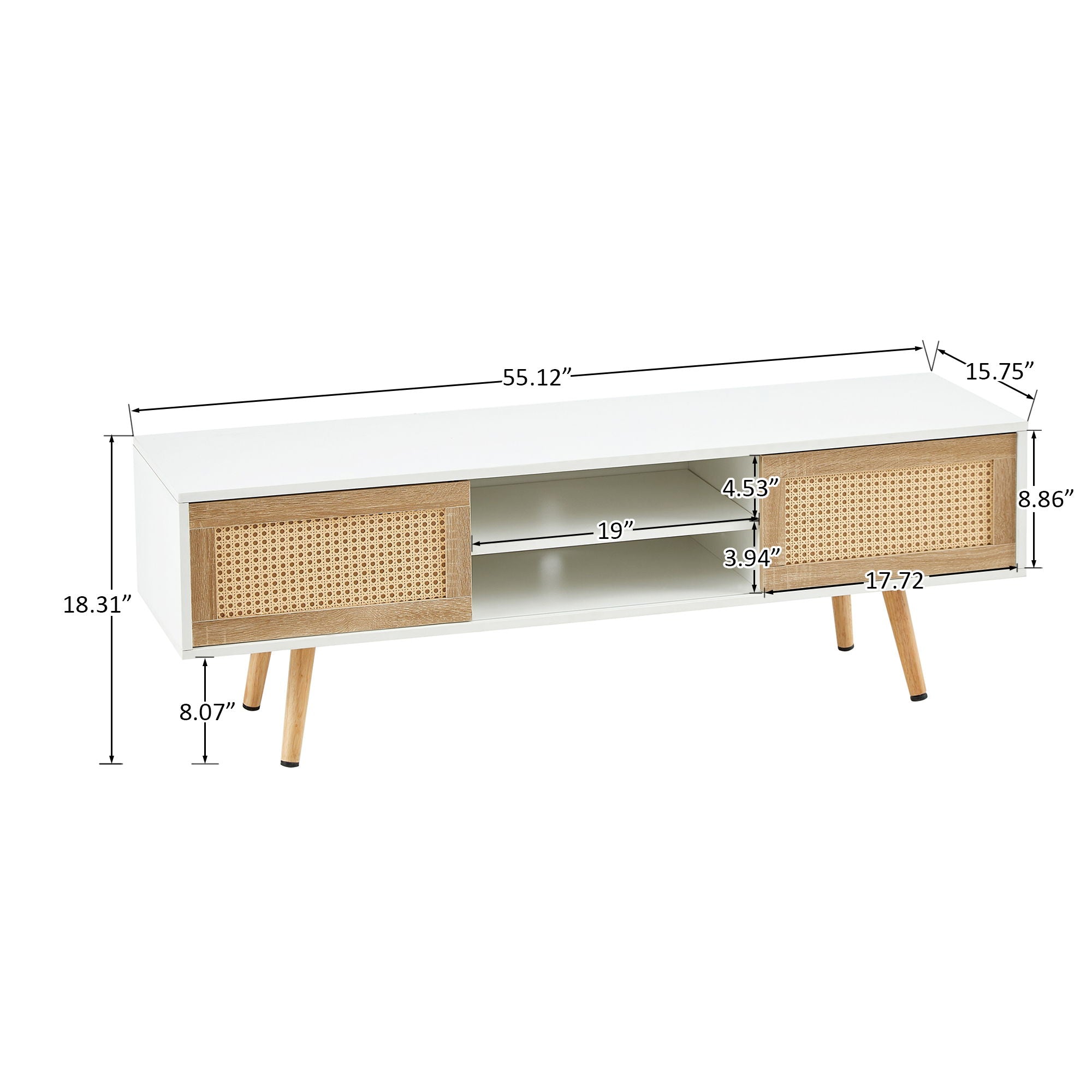 55.12&quot; Rattan TV Cabinet, Double Sliding Doors For Storage, Adjustable Shelf, Solid Wood Legs, TV Console For Living Room