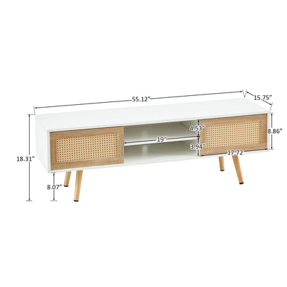 55.12&quot; Rattan TV Cabinet, Double Sliding Doors For Storage, Adjustable Shelf, Solid Wood Legs, TV Console For Living Room