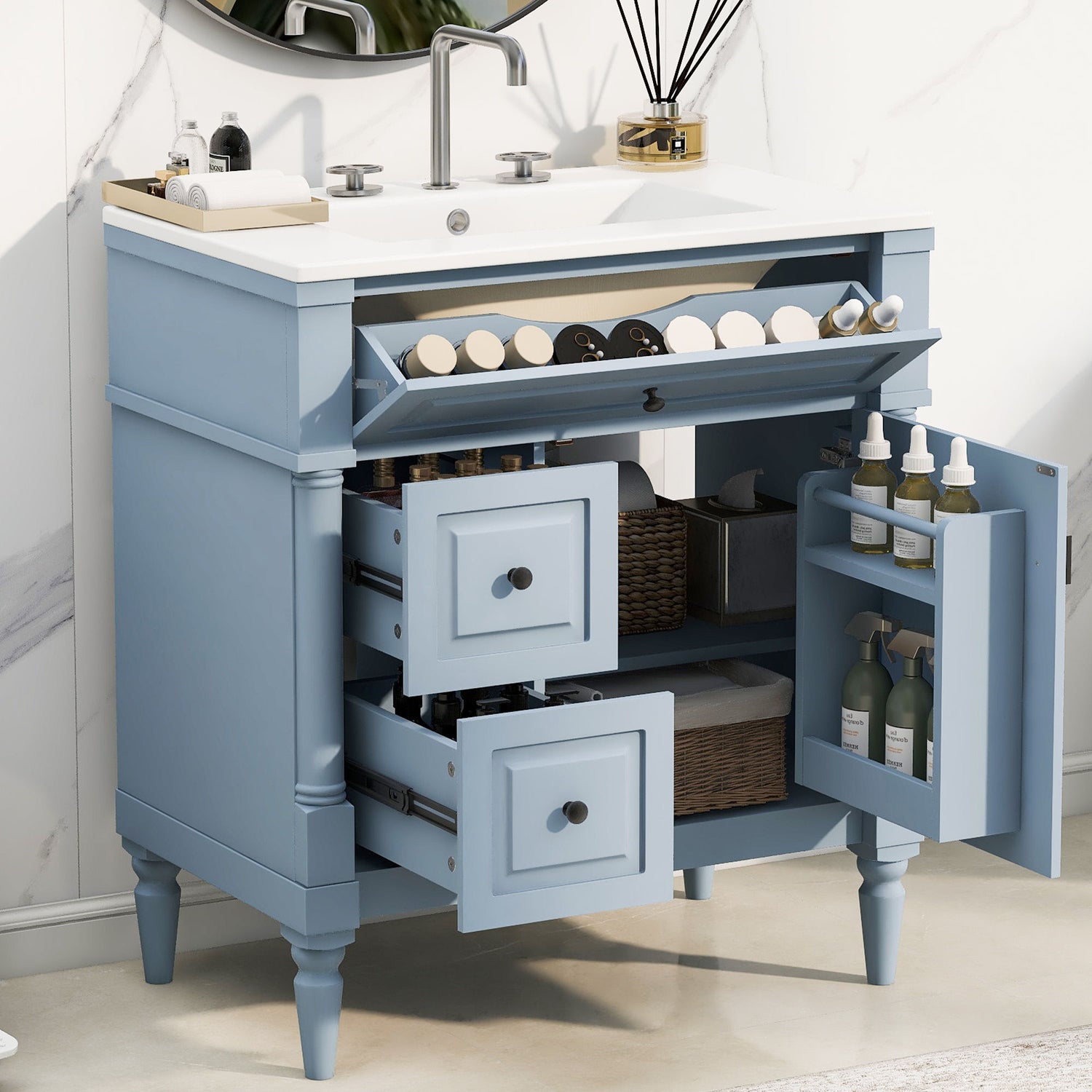Modern Bathroom Vanity With Sink, Freestanding Cabinet With Flip Drawer &amp; Adjustable Shelf