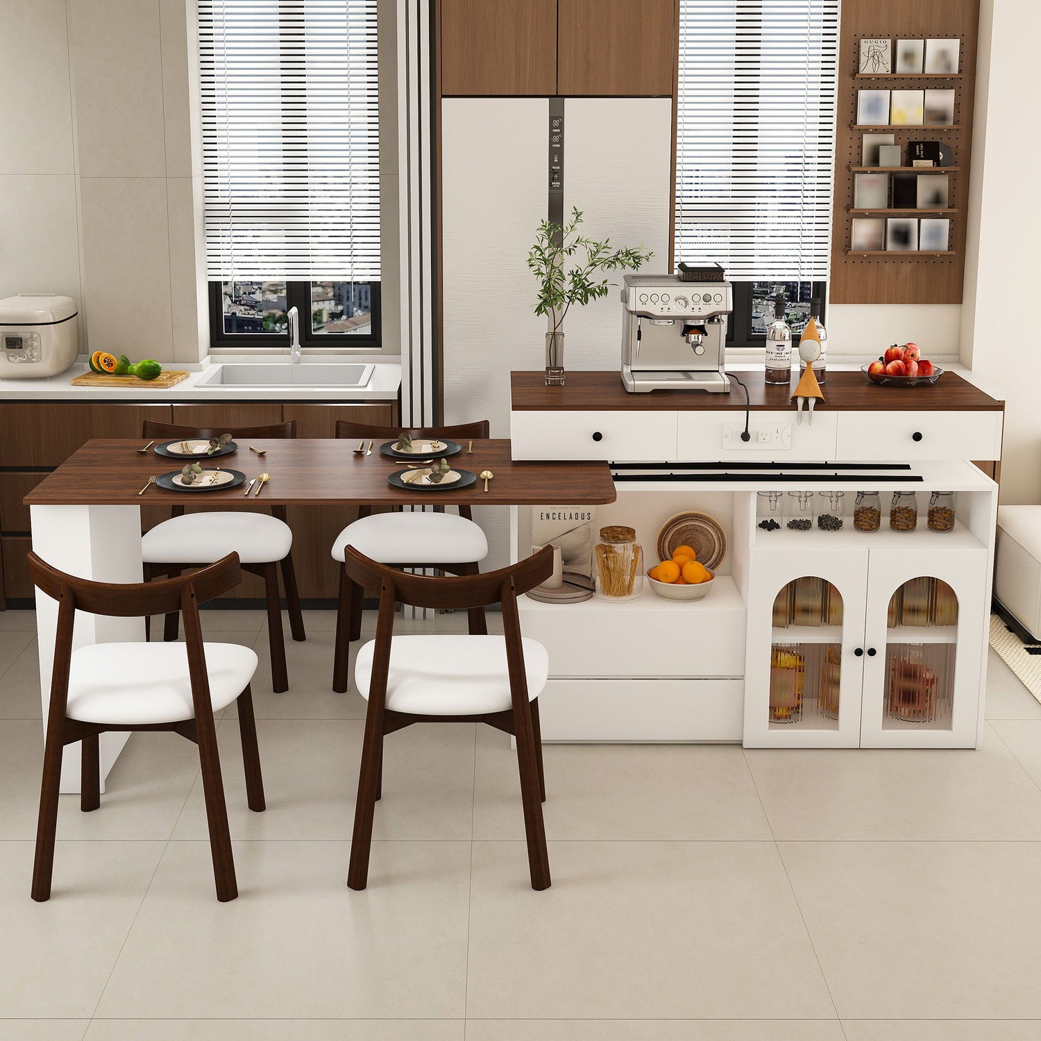 Retro Kitchen Island Set With Chairs, Extendable &amp; Rotating Table, 4 Drawers &amp; Door Cabinets