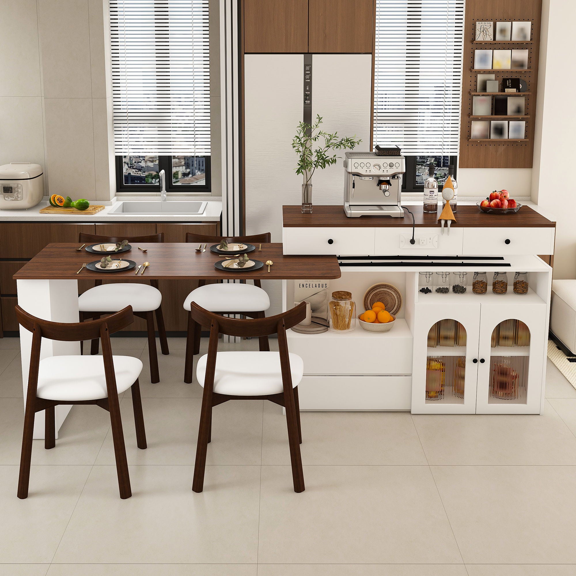 Retro Kitchen Island Set With Chairs, Extendable &amp; Rotating Table, 4 Drawers &amp; Door Cabinets