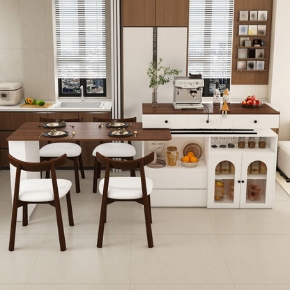 Retro Kitchen Island Set With Chairs, Extendable &amp; Rotating Table, 4 Drawers &amp; Door Cabinets