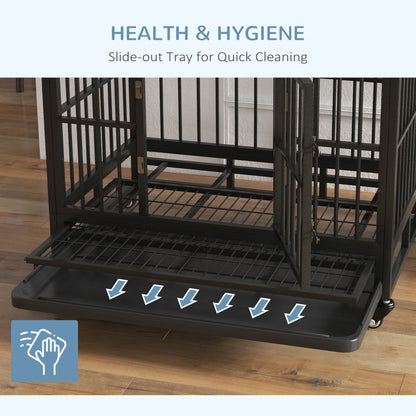 Pawhut - 36&quot; Heavy Duty Dog Crate Metal Cage Kennel With Lockable Wheels, Double Door And Removable Tray - Gray