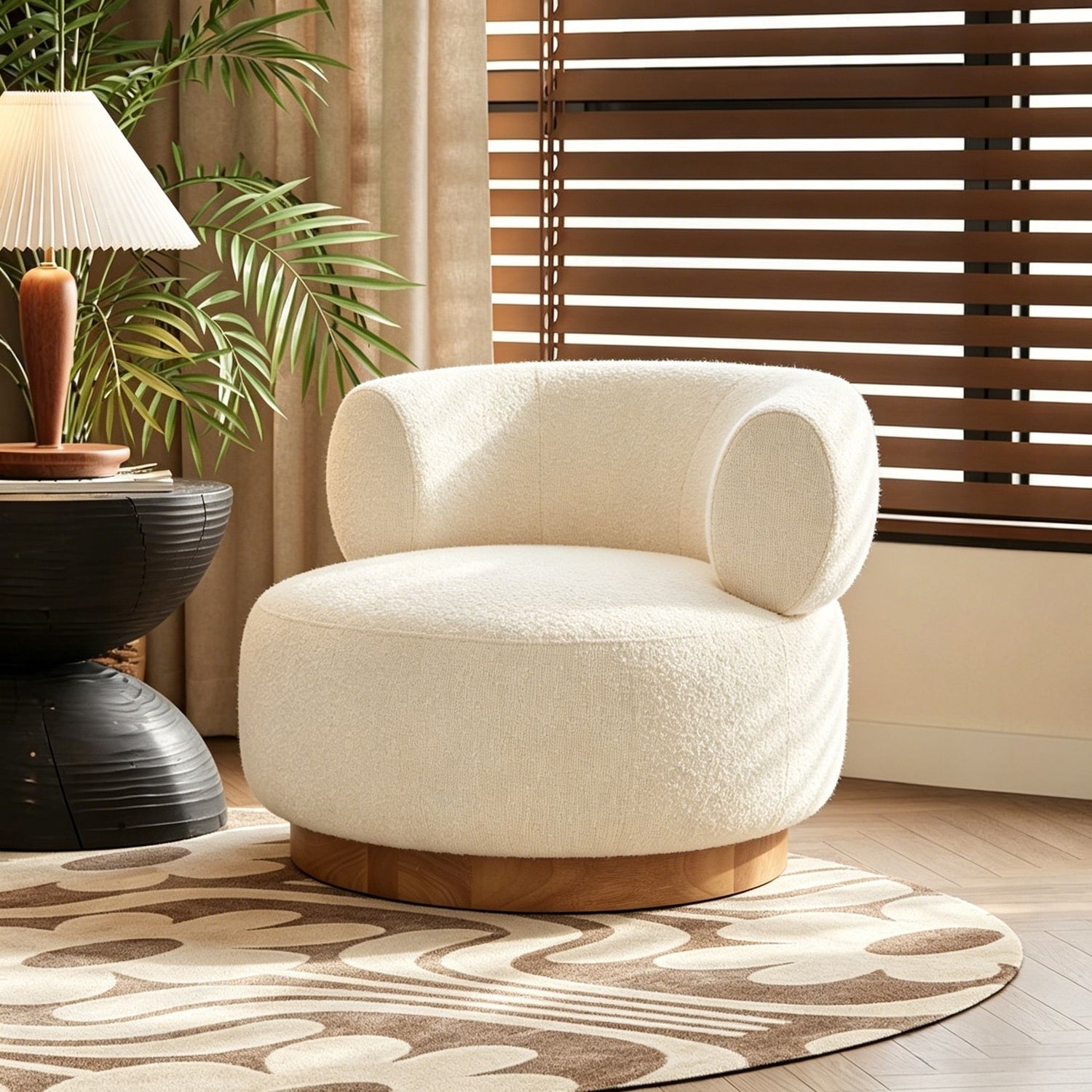 Swivel Accent Chair With Curved Backrest For Home Decor - Beige