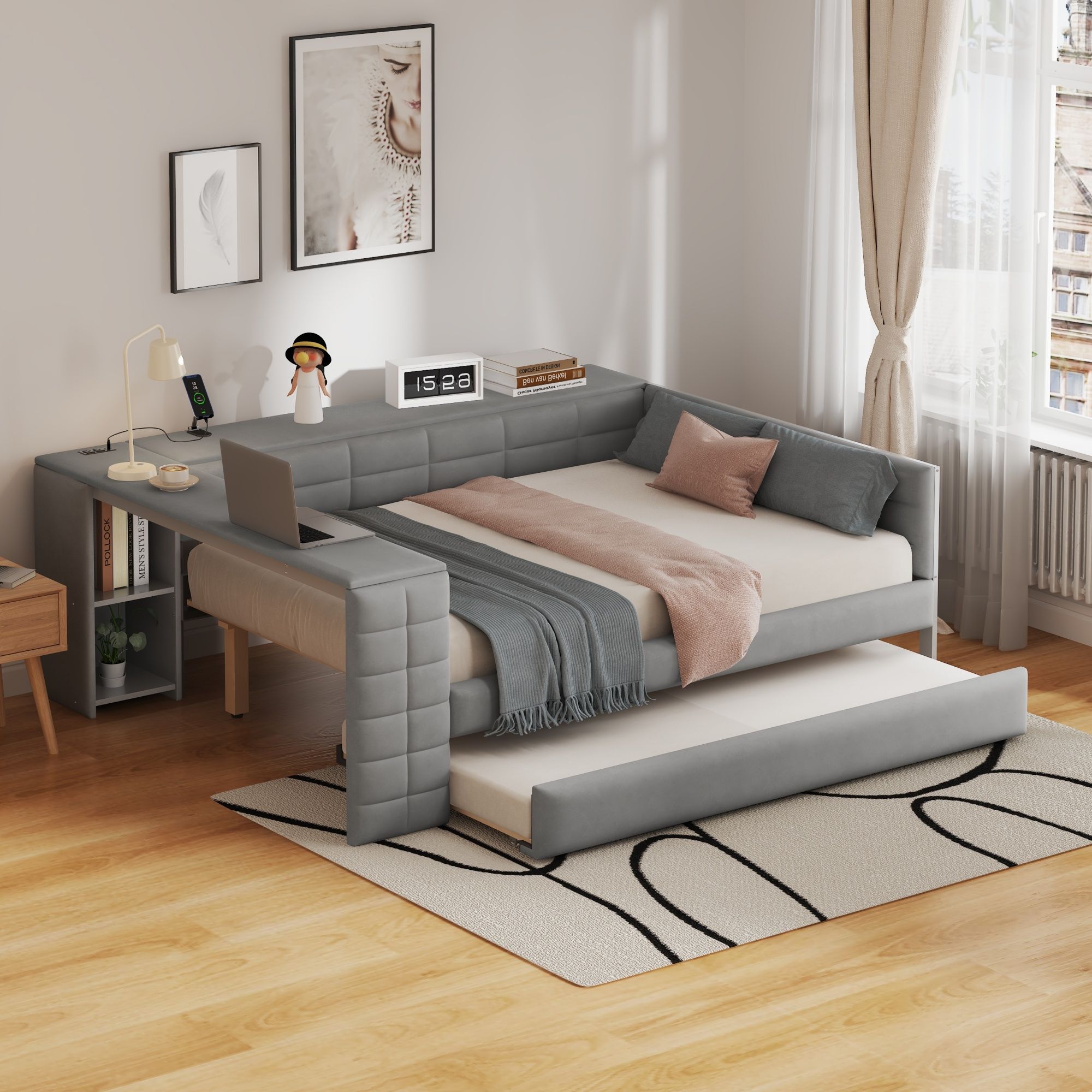 Upholstered Platform Bed With Storage Shelves, Desk, Charging Station And Trundle