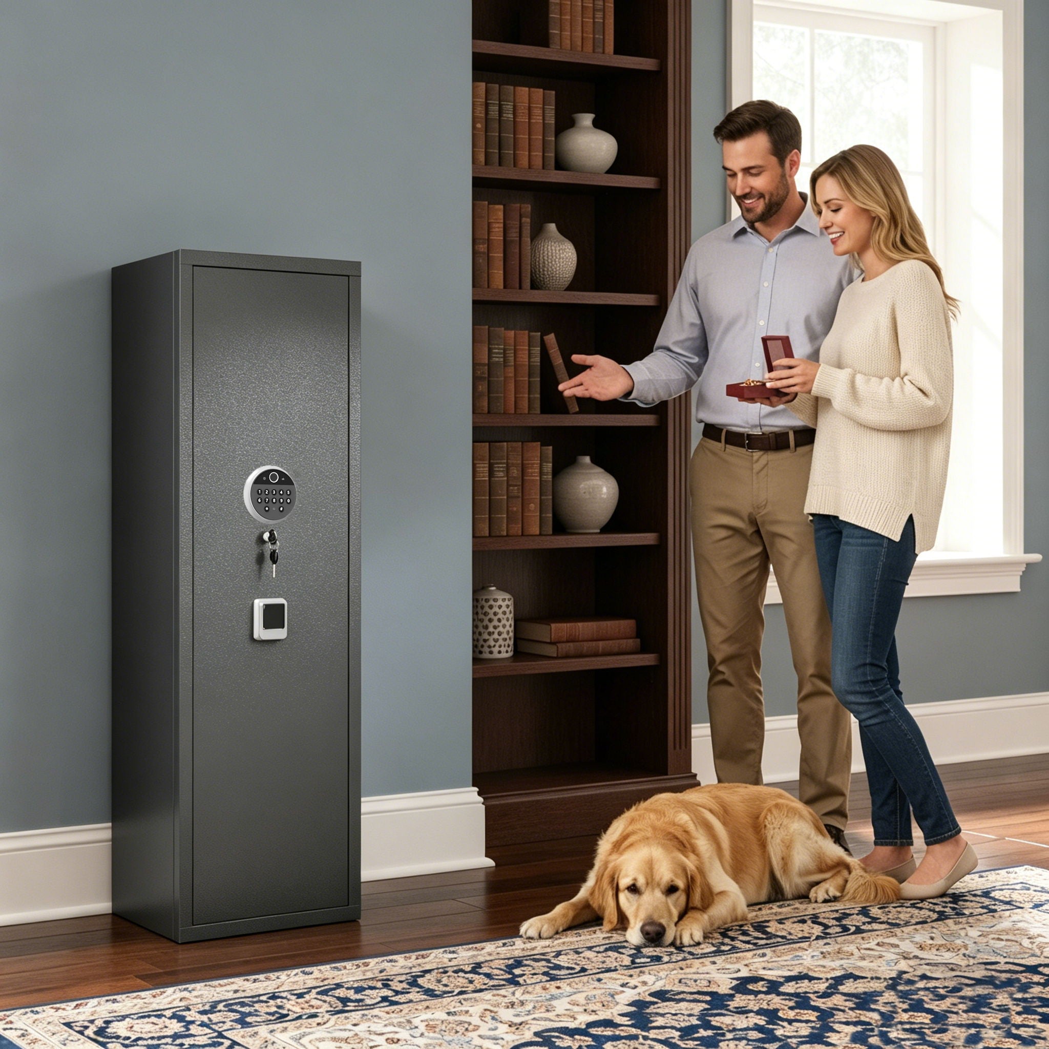 Rifle Safe, Biometric &amp; Keypad Lock, Adjustable Gun Racks With Built In Alarm System