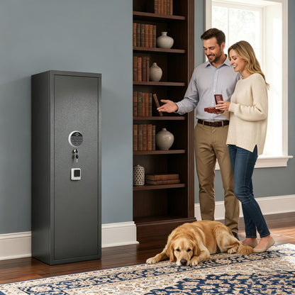 Rifle Safe, Biometric &amp; Keypad Lock, Adjustable Gun Racks With Built In Alarm System