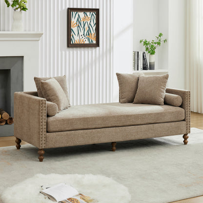 Upholstered Chaise Lounge Indoor With Nailheads, Sleeper Sofa Couch With 4 Throw Pillows &amp; 2 Bolsters, Daybed With Rubberwood Legs