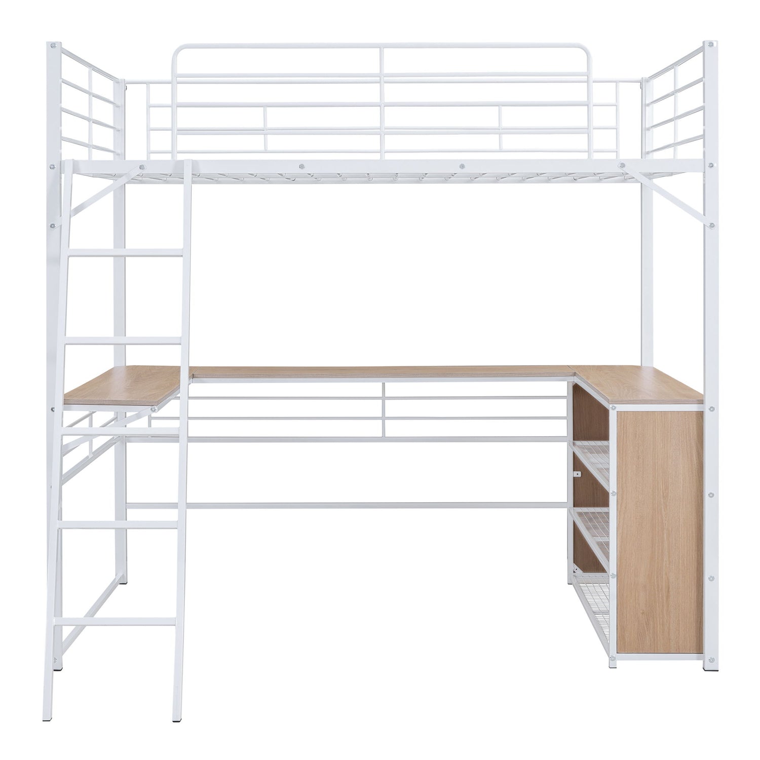 Loft Bed &amp; 3 Layers Of Shelves And L-Shaped Desk