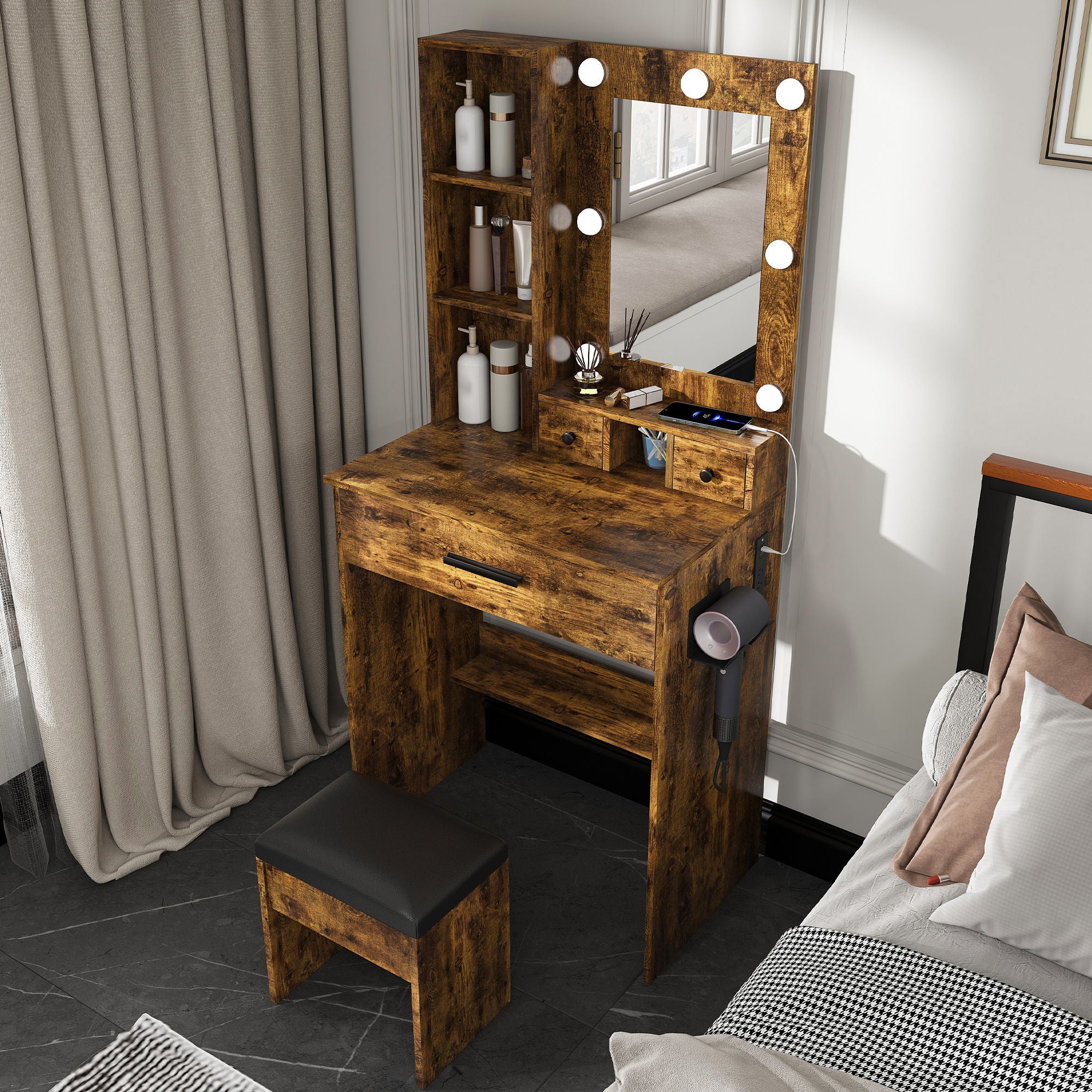 Vanity Table With Mirror, Adjustable LED Lights, Power Outlet, Hairdryer Holder &amp; Stool