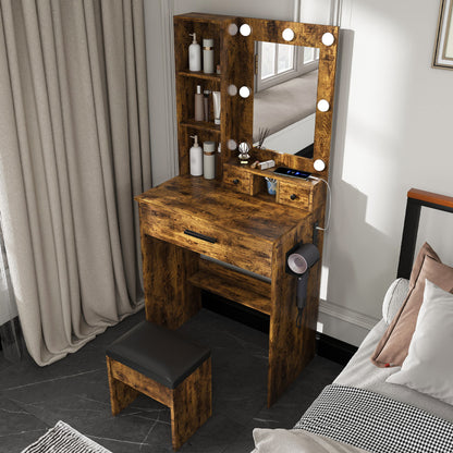 Vanity Table With Mirror, Adjustable LED Lights, Power Outlet, Hairdryer Holder &amp; Stool