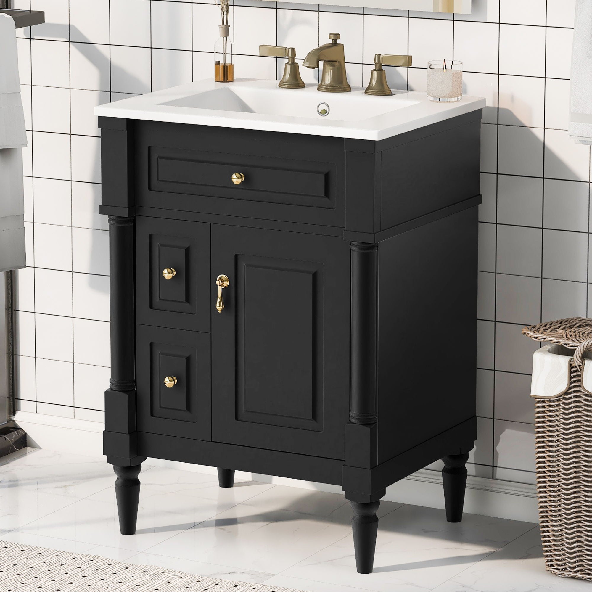 Freestanding Bathroom Vanity With Sink, Adjustable Shelf &amp; Flip Drawer