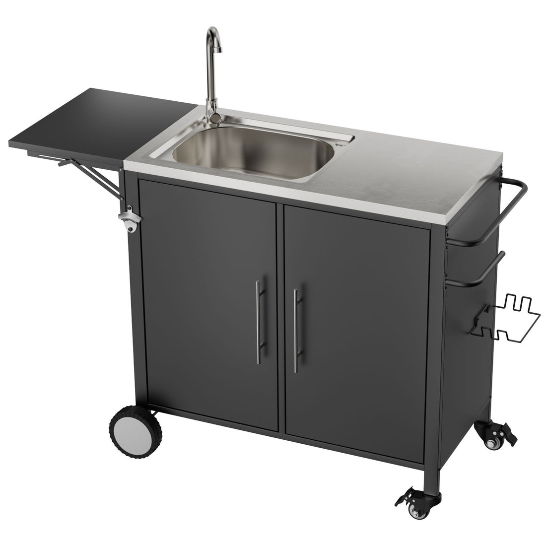 Outdoor Grill Table With Sink, Worktable Kitchen Cabinet Island With Wheels &amp; Foldable Top - Black