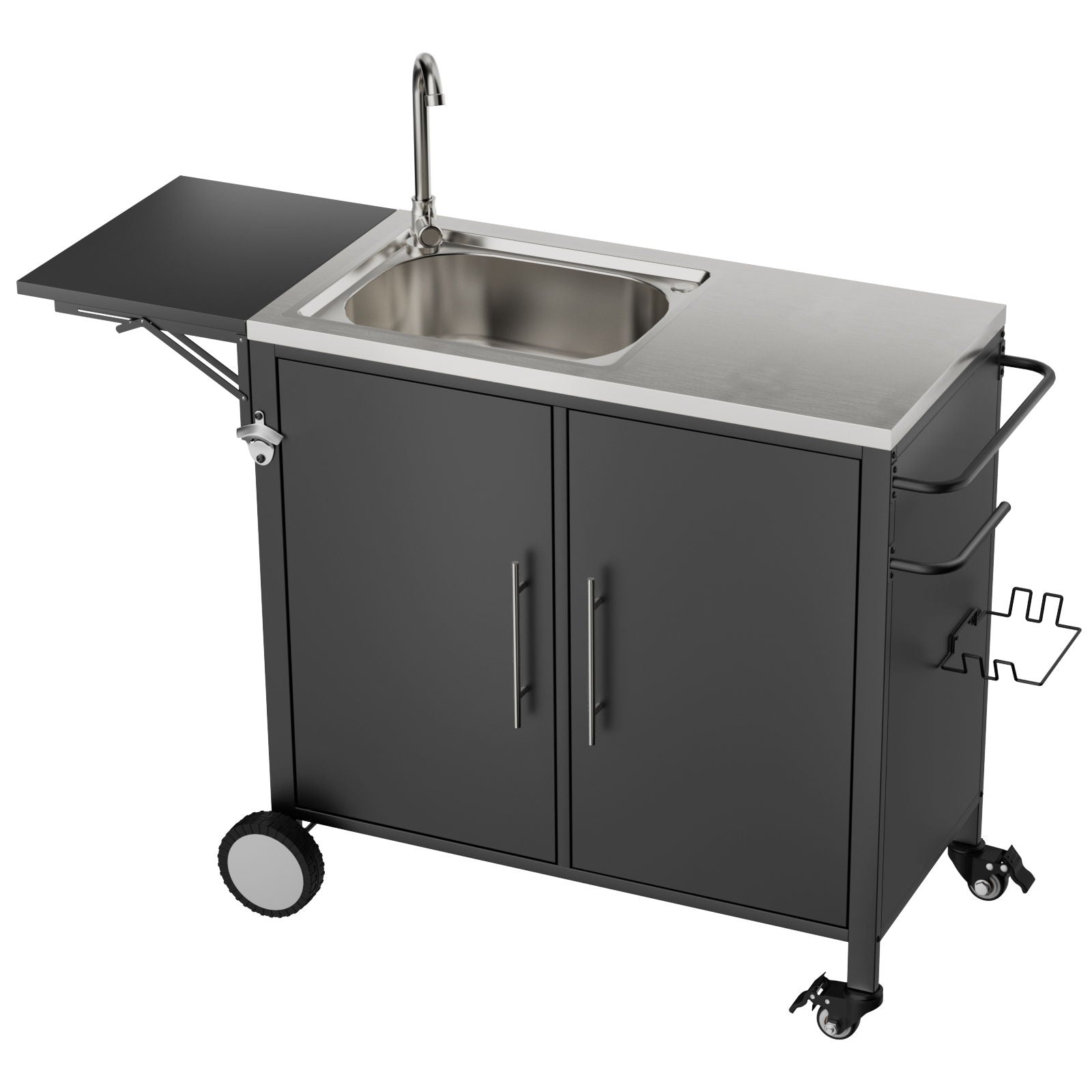 Outdoor Grill Table With Sink, Worktable Kitchen Cabinet Island With Wheels &amp; Foldable Top - Black
