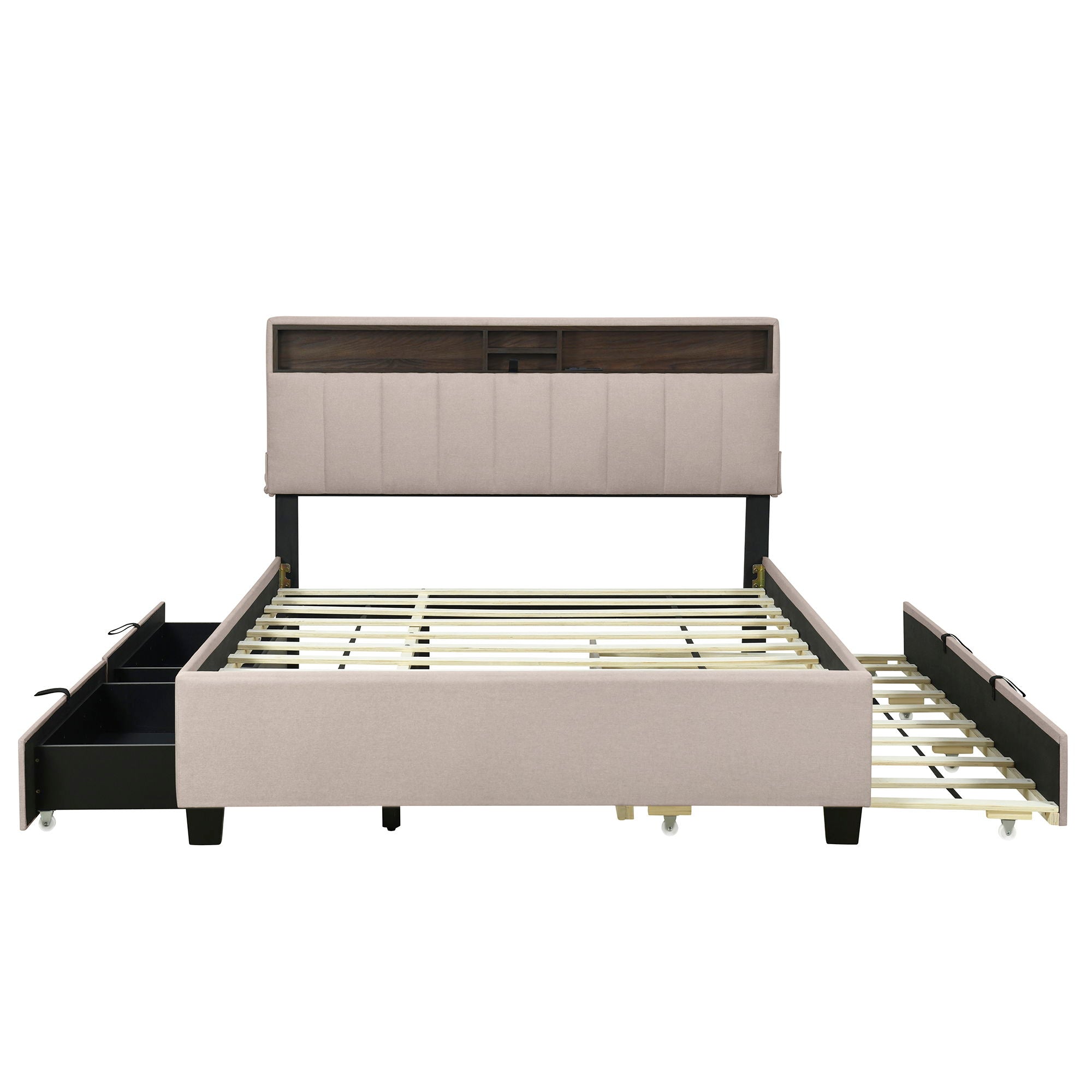 Upholstered Platform Bed With Storage Headboard, Trundle &amp; 2 Drawers And A Set Of Sockets &amp; USB Ports