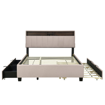 Upholstered Platform Bed With Storage Headboard, Trundle &amp; 2 Drawers And A Set Of Sockets &amp; USB Ports