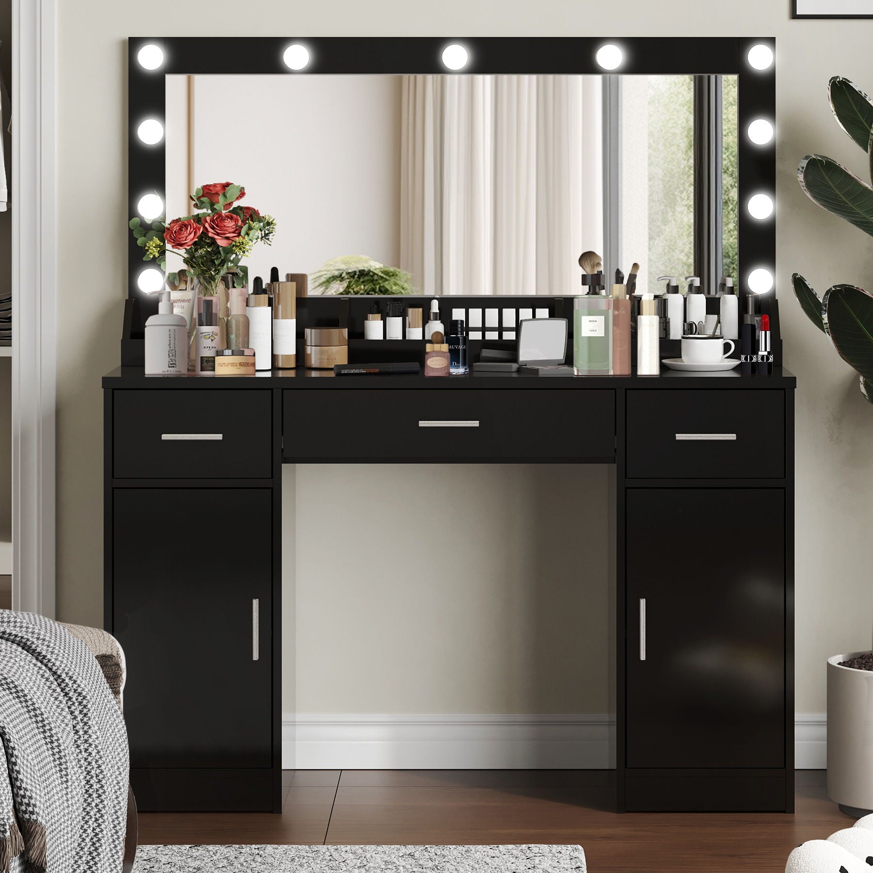 Vanity Desk With Large Mirror, 3 Colour Lighting Modes, Adjustable Brightness, Dresser With 3 Drawers &amp; 2 Vertical Cabinets, Makeup Vanity Table For Women &amp; Girls