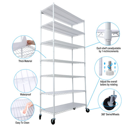 7 Tier Metal Shelf Wire Shelving Unit, 2450Lbs Heavy Duty Adjustable Storage Rack With Wheels &amp; Shelf Liners For Closet Kitchen Garage Basement Commercial Shelving