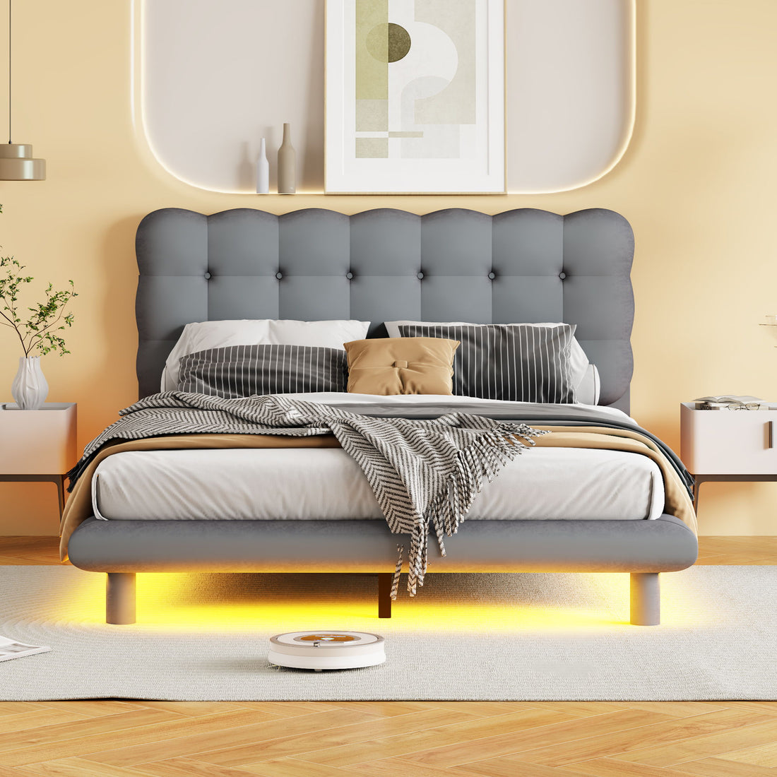 Platform Bed With LED Frame, Thick &amp; Soft And Button Tufted Design Headboard
