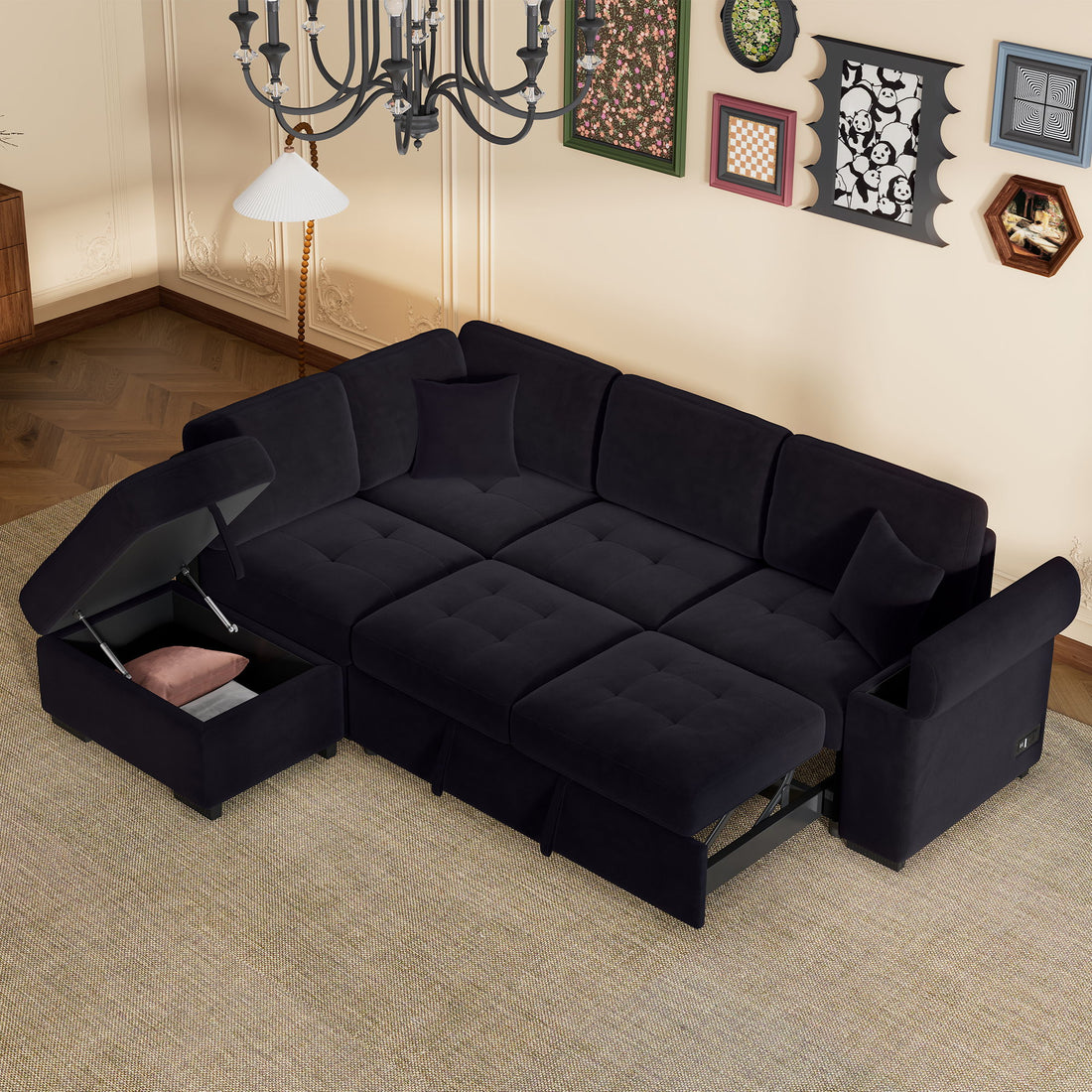 Sleeper Sectional Sofa, L-Shape Corner Couch Sofa Bed With Storage Ottoman &amp; Hidden Arm Storage &amp; USB Charge For Living Room Apartment