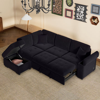Sleeper Sectional Sofa, L-Shape Corner Couch Sofa Bed With Storage Ottoman &amp; Hidden Arm Storage &amp; USB Charge For Living Room Apartment
