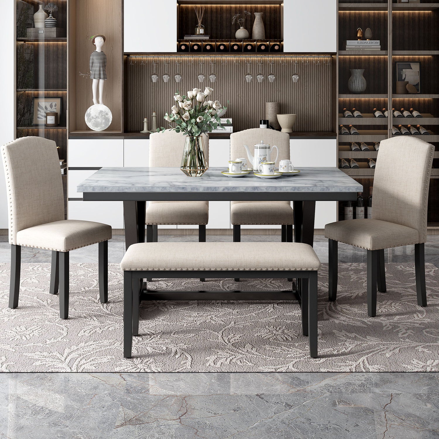 6 Piece Dining Table Modern Style With 4 Chairs &amp; 1 Bench, Table With Marbled Veneers Tabletop And V-Shaped Table Legs - White