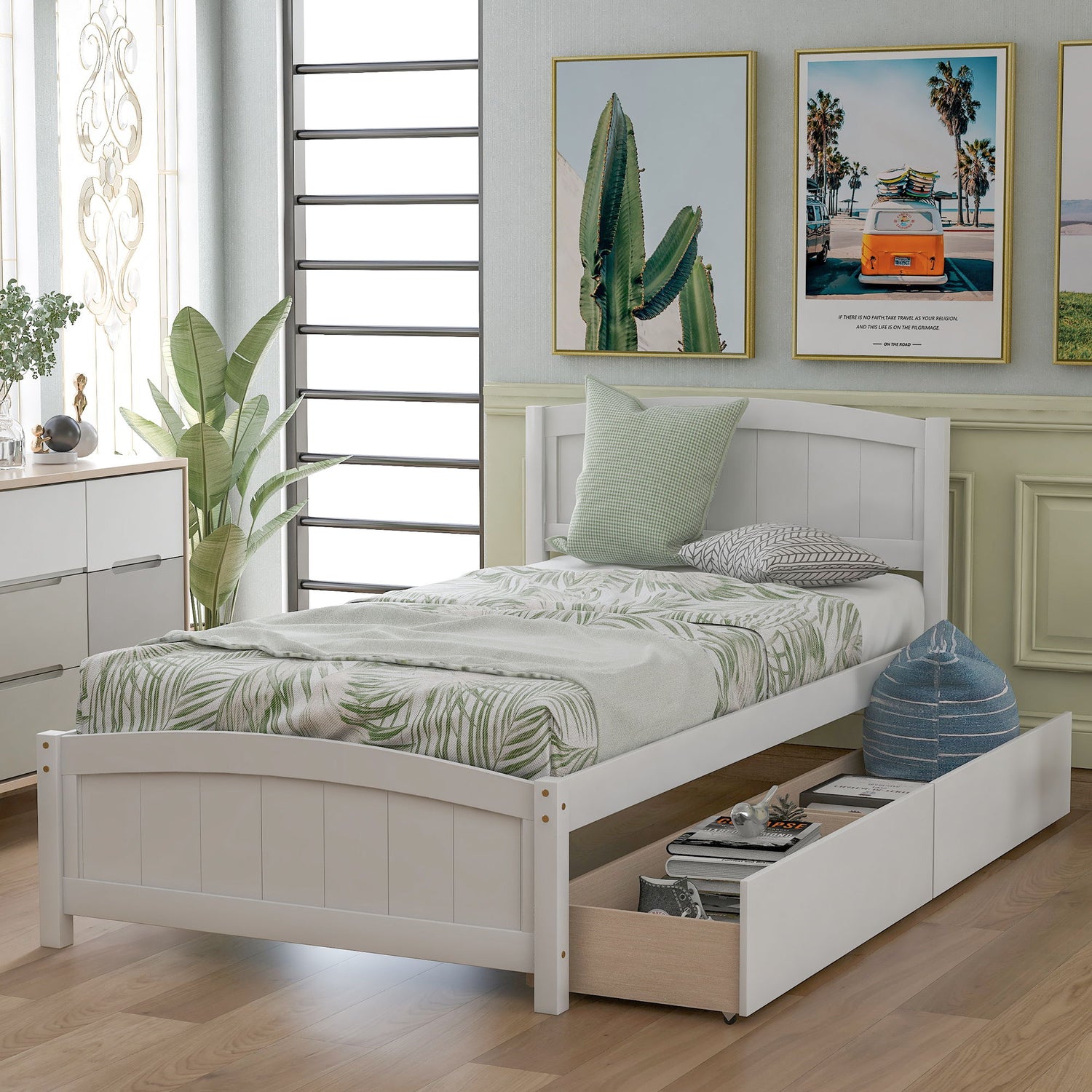 Platform Bed &amp; Headboard, Footboard And Wood Slat Support