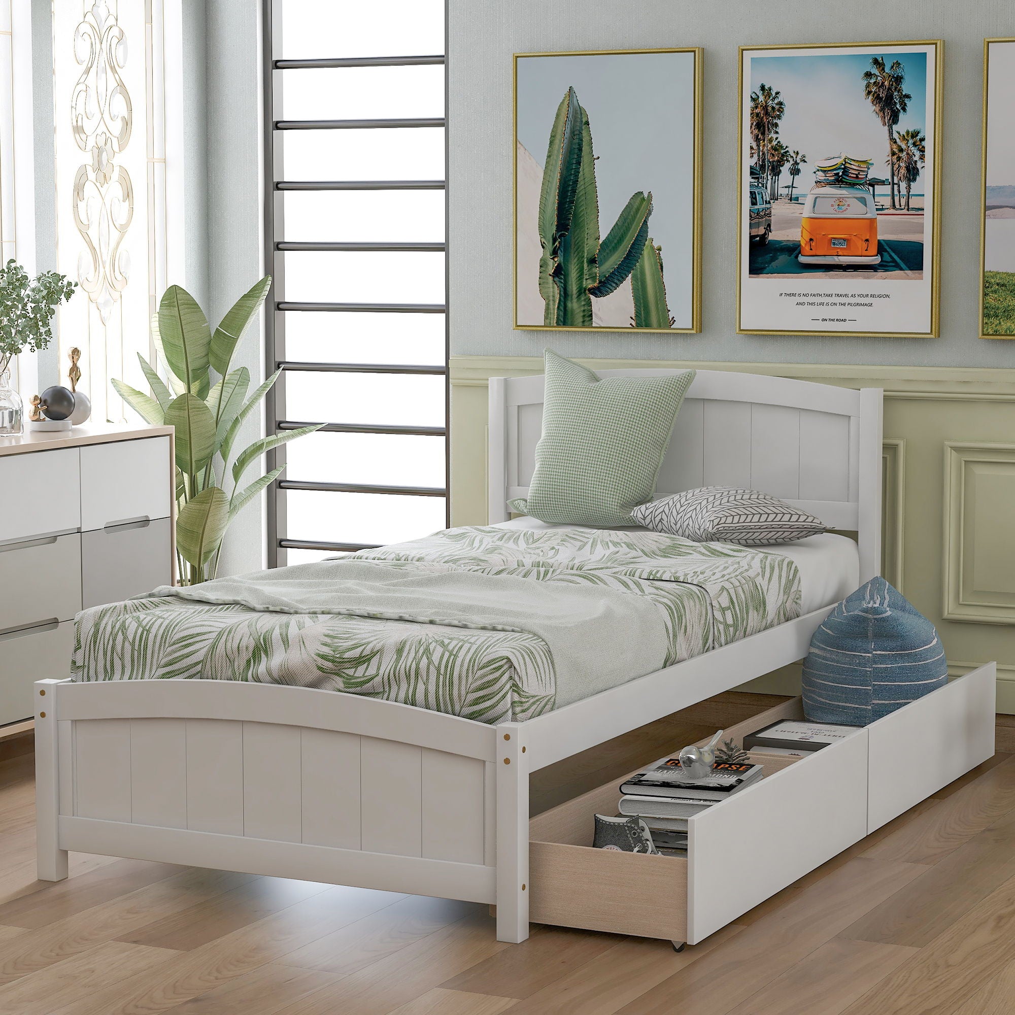 Platform Bed &amp; Headboard, Footboard And Wood Slat Support